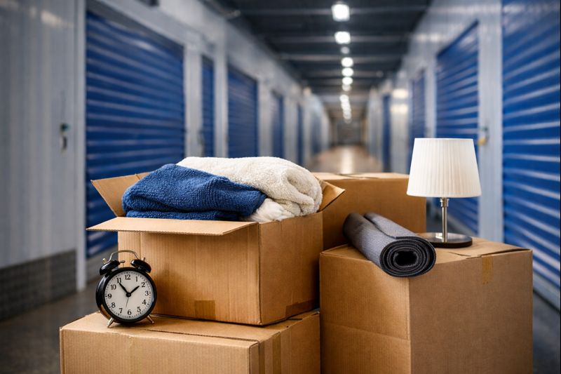 Cartons et meubles stockés dans un box de stockage sécurisé en
période hivernale