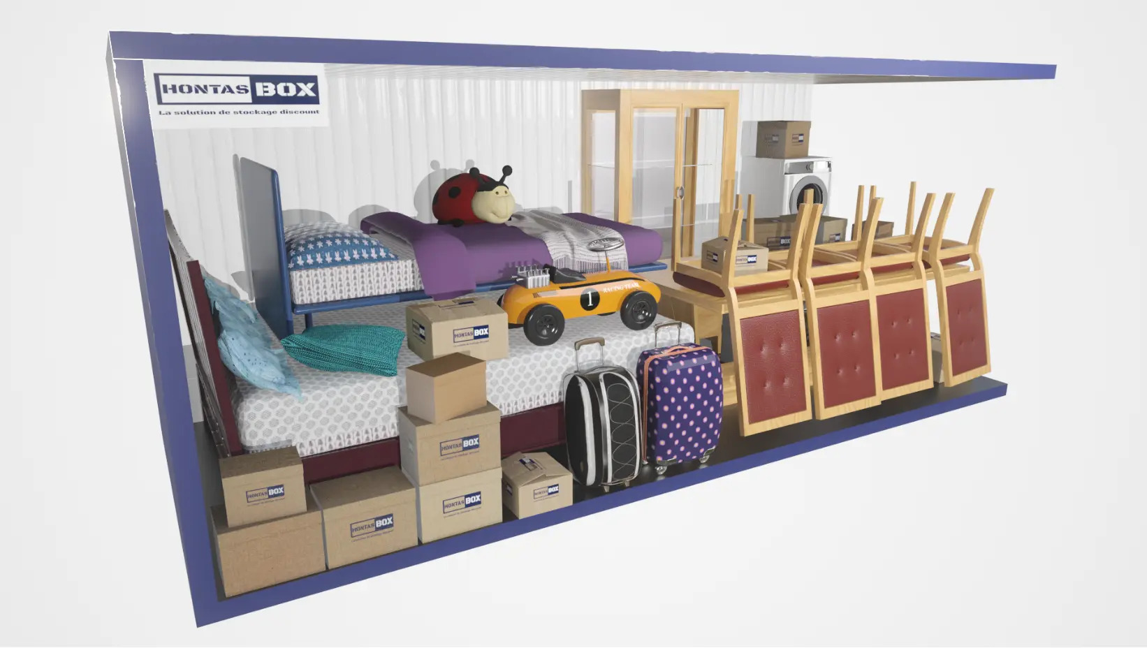Intérieur d'un box de stockage Hontas Box 14m² avec lits, table, chaises, lave- linge et cartons prêts à stocker pendant des travaux en Gironde