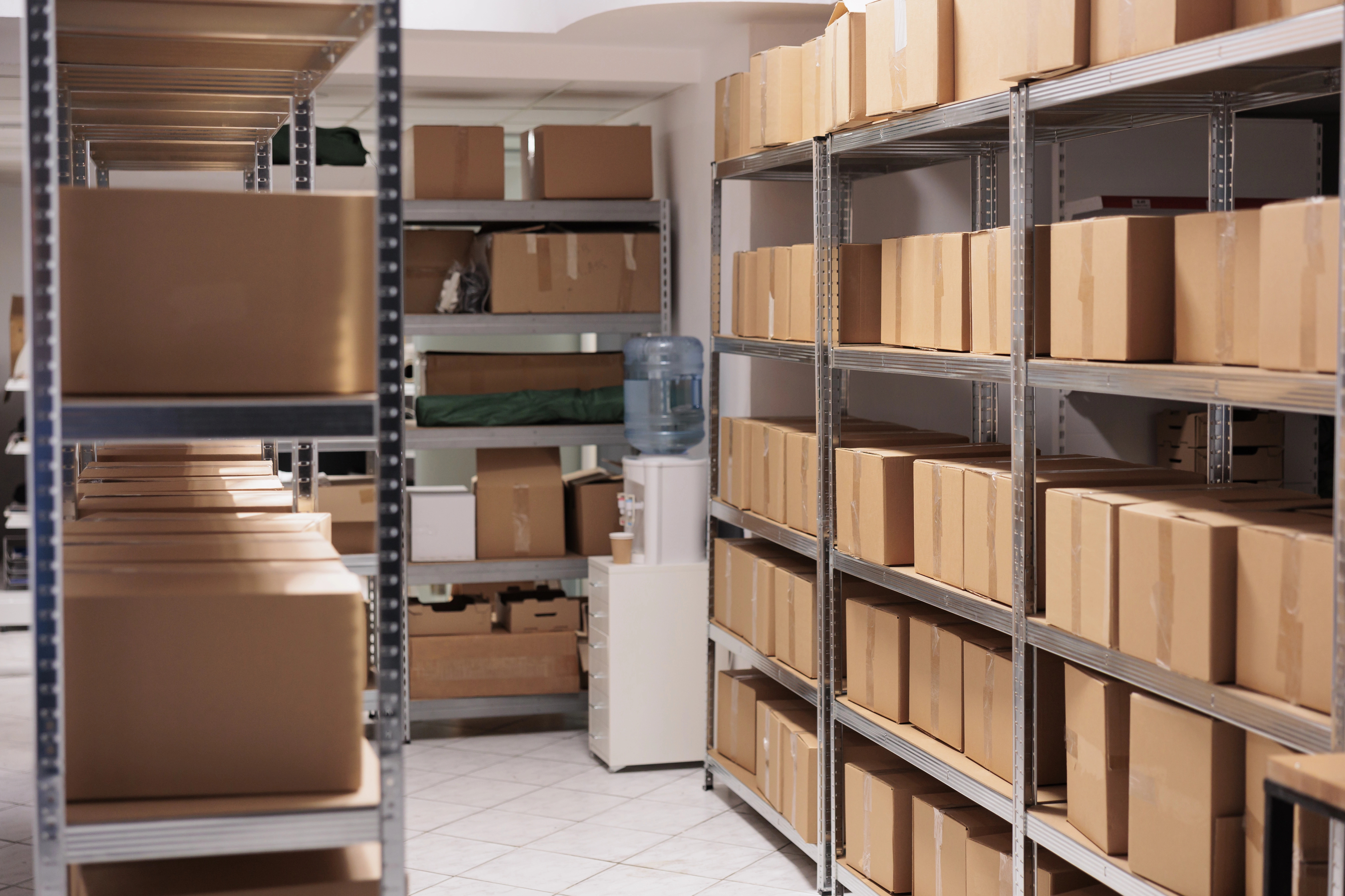Box de stockage bien organisé avec cartons rangés sur étagères métalliques et allée centrale