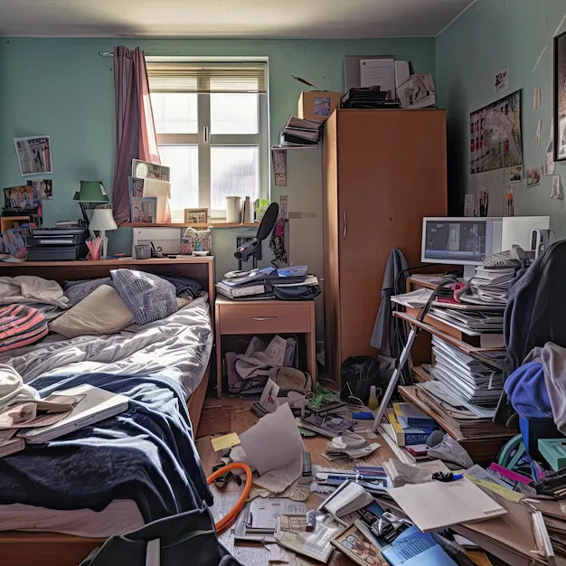 Chambre en colocation à Bordeaux encombrée de cartons faute de place