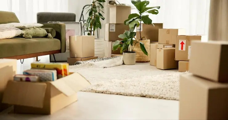 Cartons de déménagement empilés dans un salon avant transfert vers un box de stockage